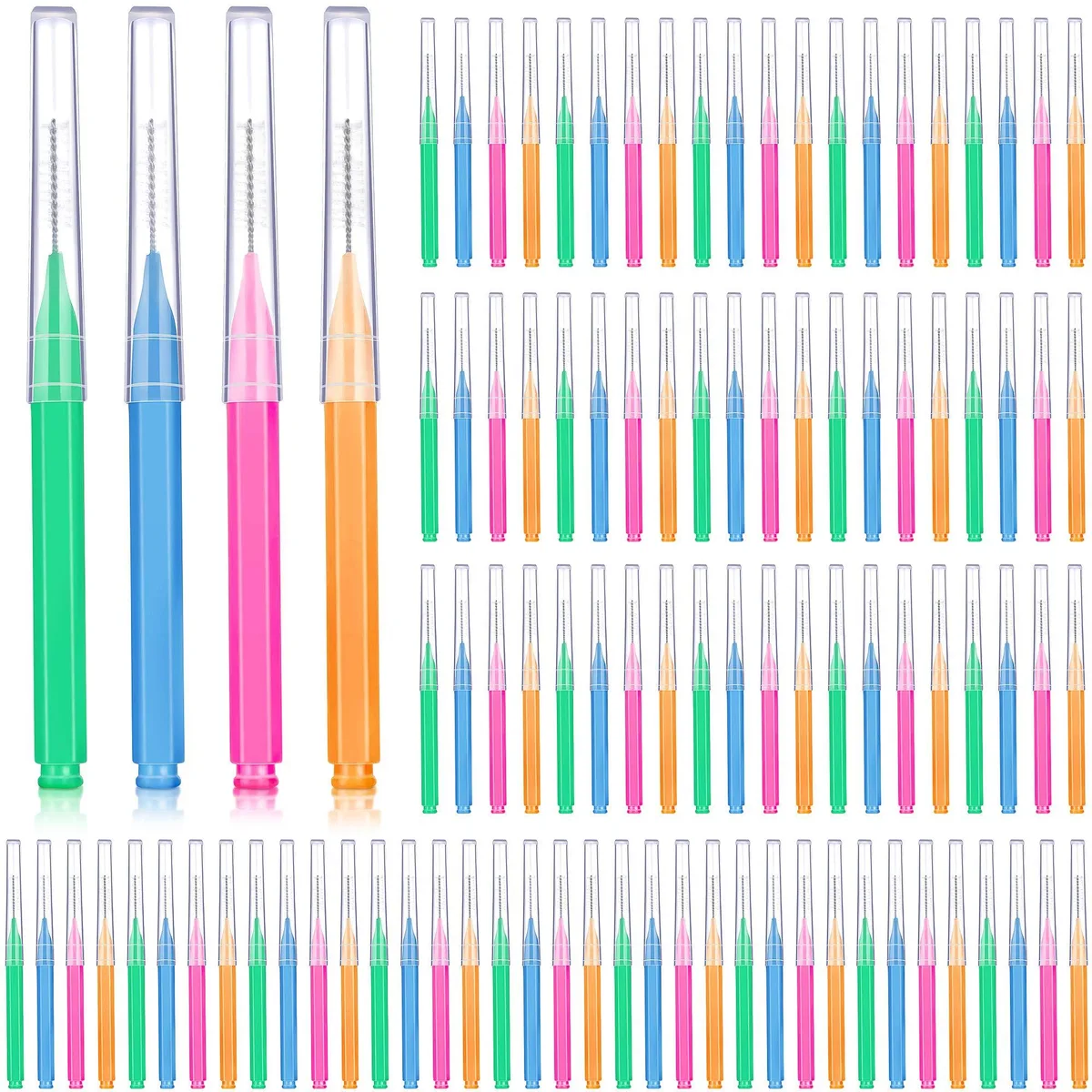 A box of 100 colourful interdental brushes in 11 mm and 13.5 mm sizes with protective caps