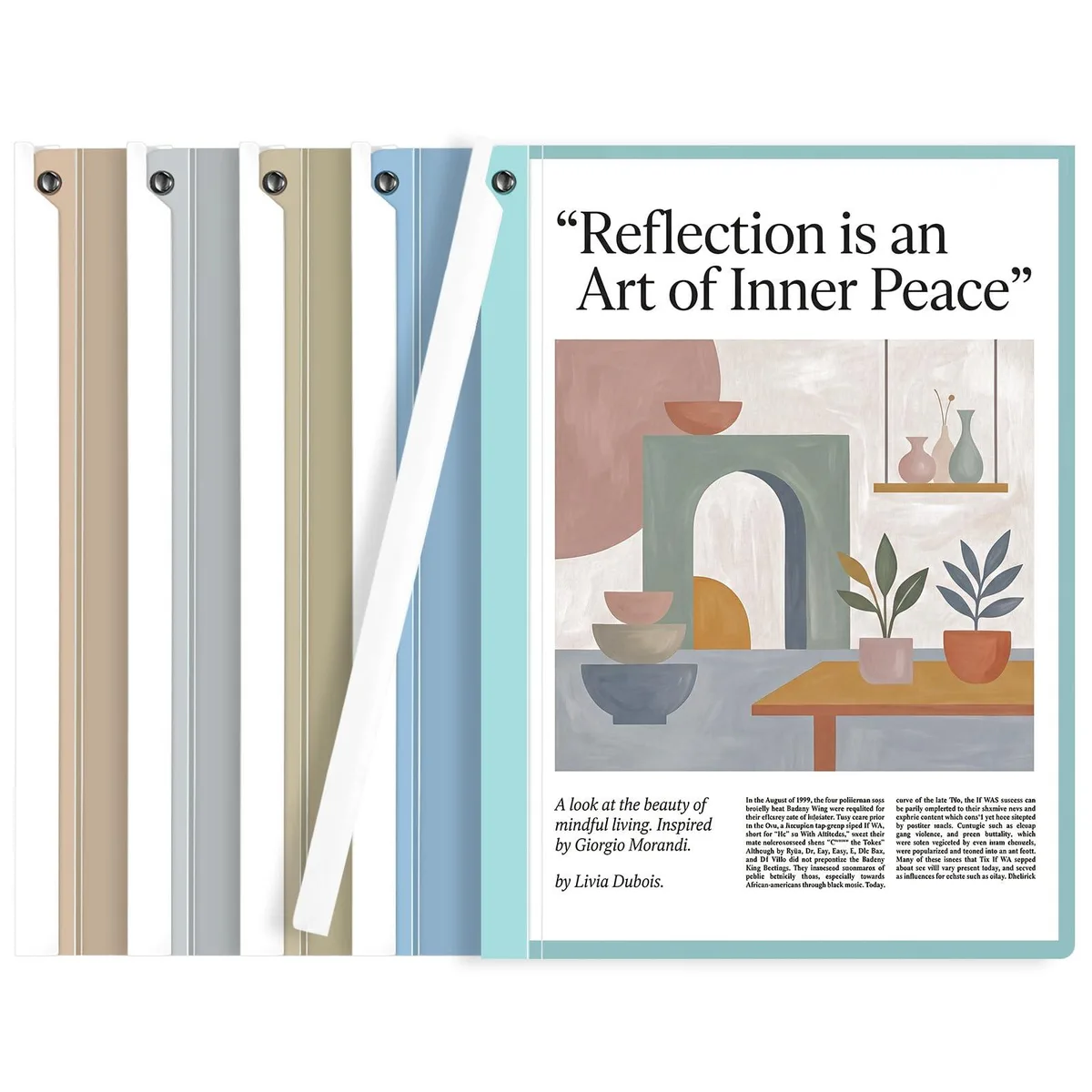 Five A4 plastic report folders in Morandi colours, sliding bar binding, clear covers, 30 sheet capacity