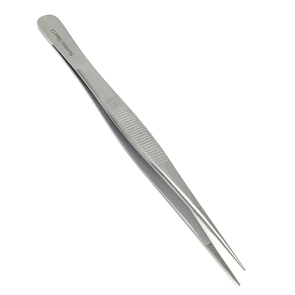 Straight stainless-steel forceps with serrated tips, 15.2 cm long