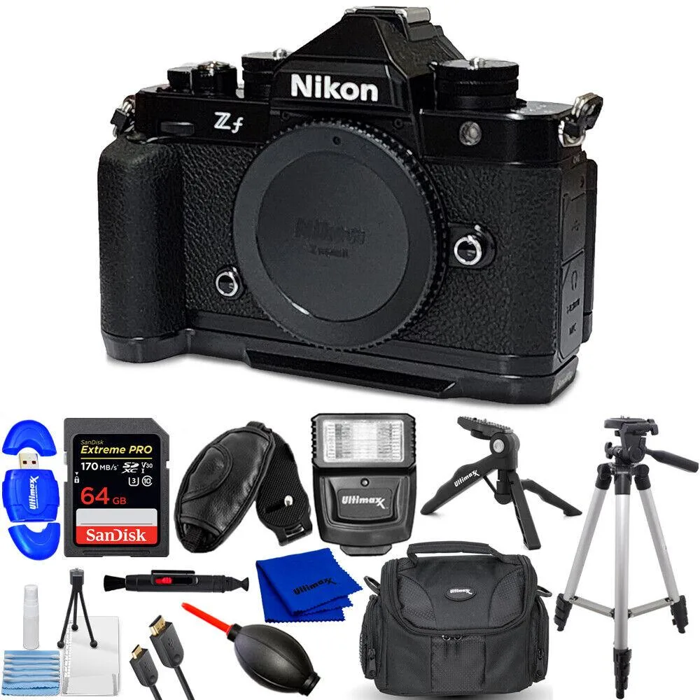 Vintage-styled full-frame mirrorless camera body with 12 accessories including flash, tripods, bag and cards