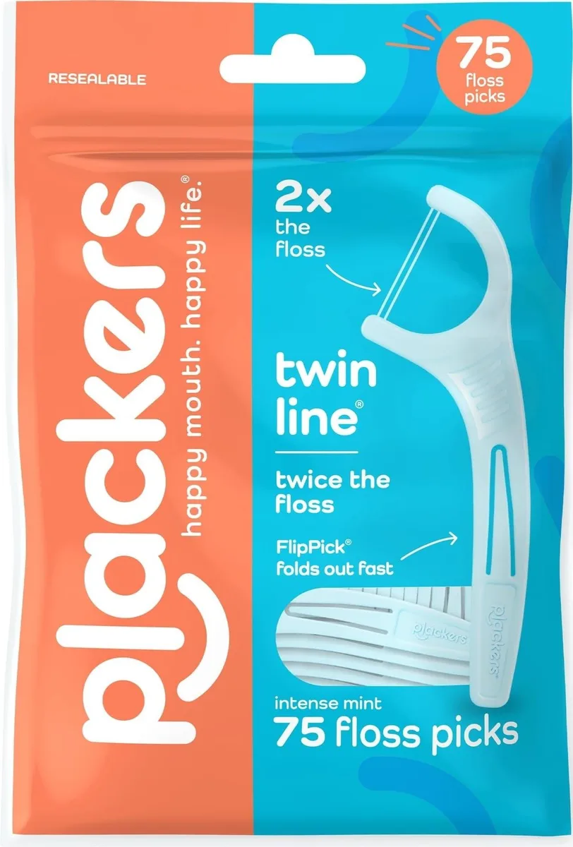 Blue plastic floss pick pack, 75 count, resealable bag