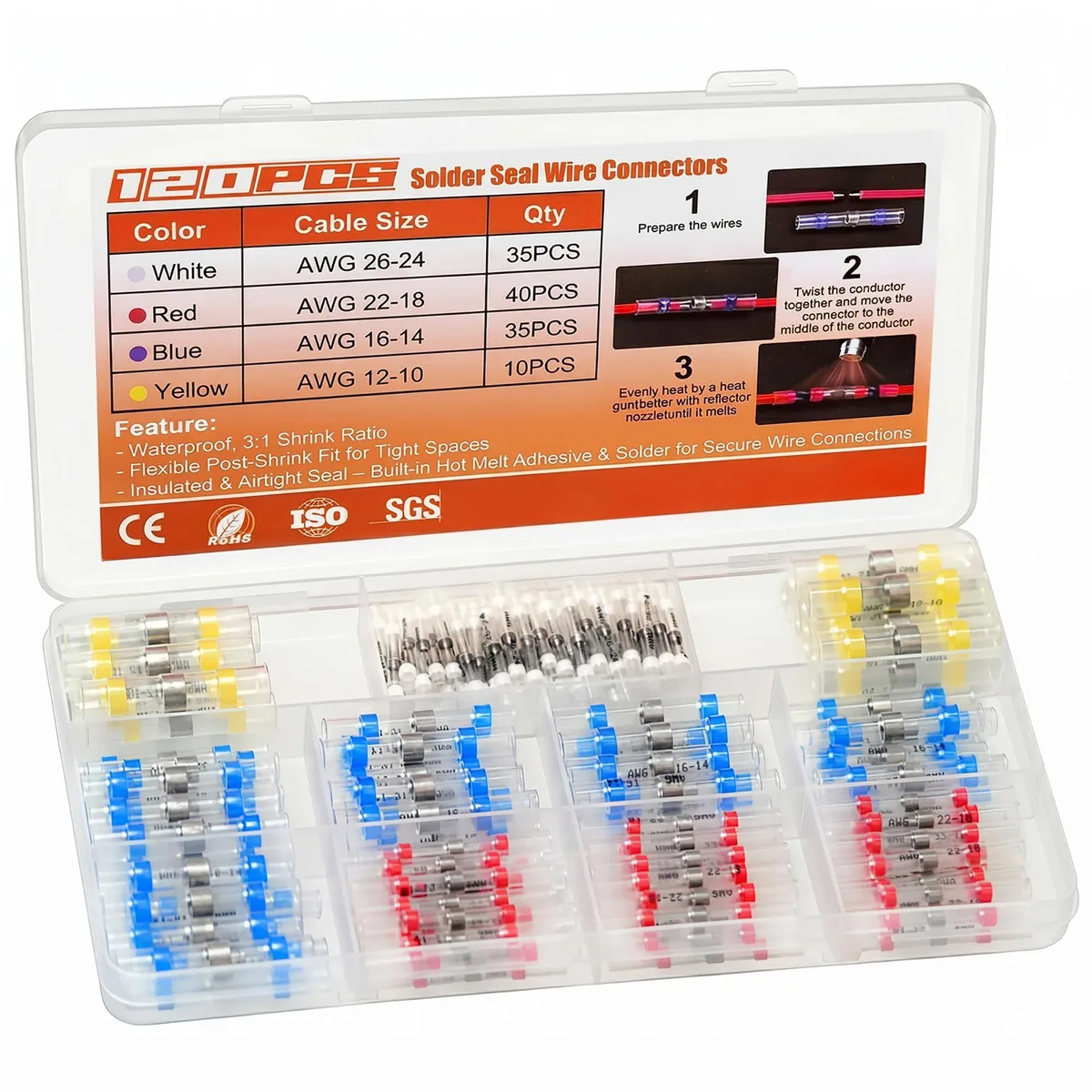 120-piece solder seal wire connector kit with blue heat-shrink sleeves