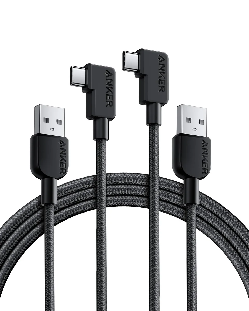 Two black braided right-angle USB-A to USB-C cables coiled together