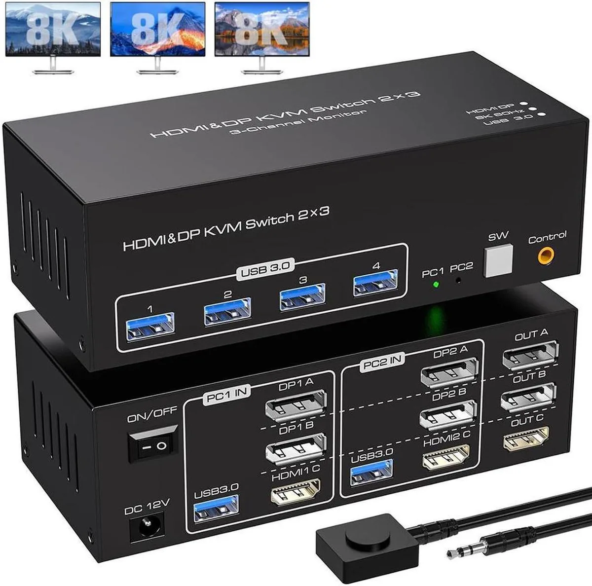 Vszerda Vszerda 8K@60Hz 4K@120Hz HDMI 2.1 DP 1.4 Triple Monitor KVM Switch 3 Monitors 2 Computers USB 3.0 — product photo