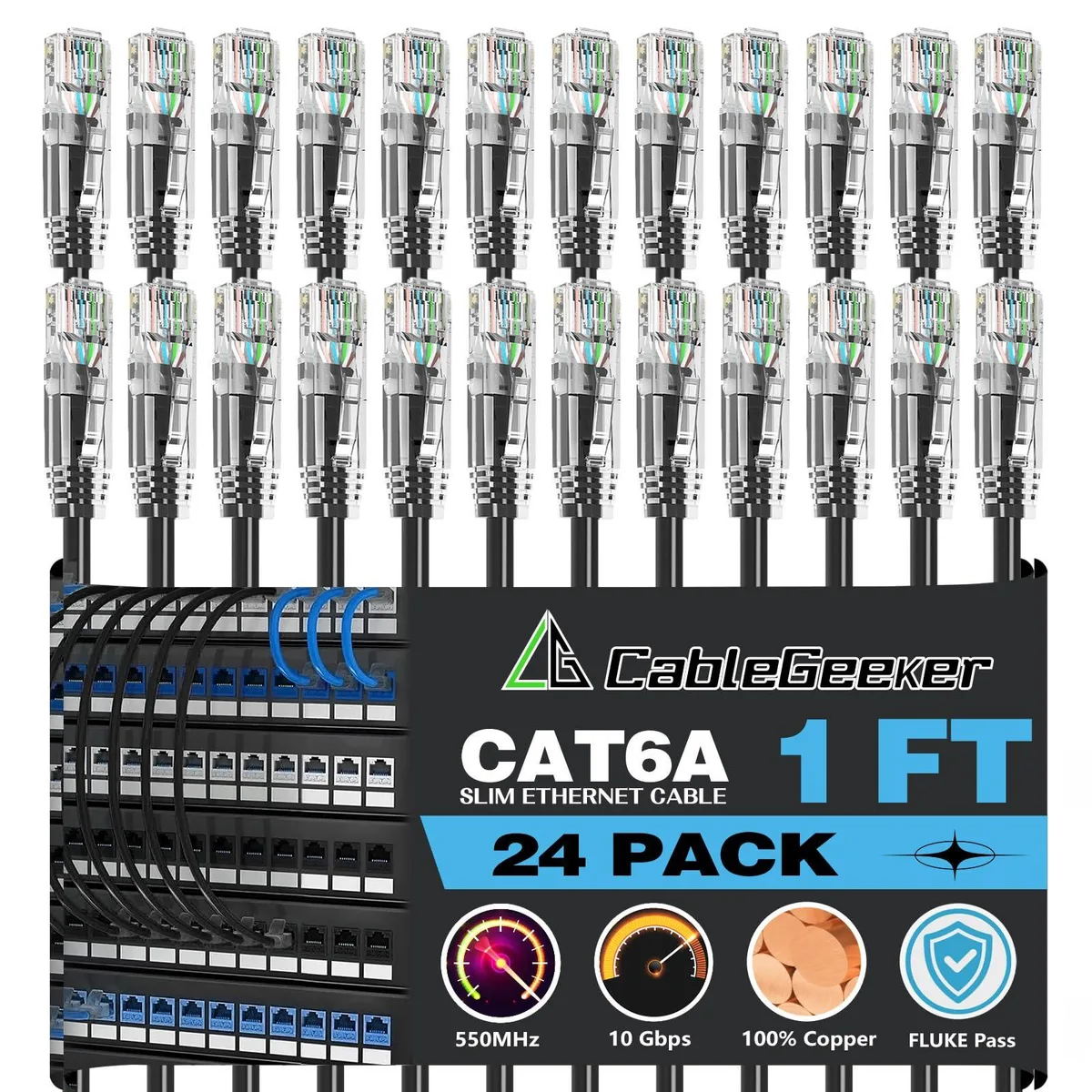  CableGeeker Cat 6A Slim Ethernet Patch Cable 1 ft 24-Pack Black 28AWG — product photo