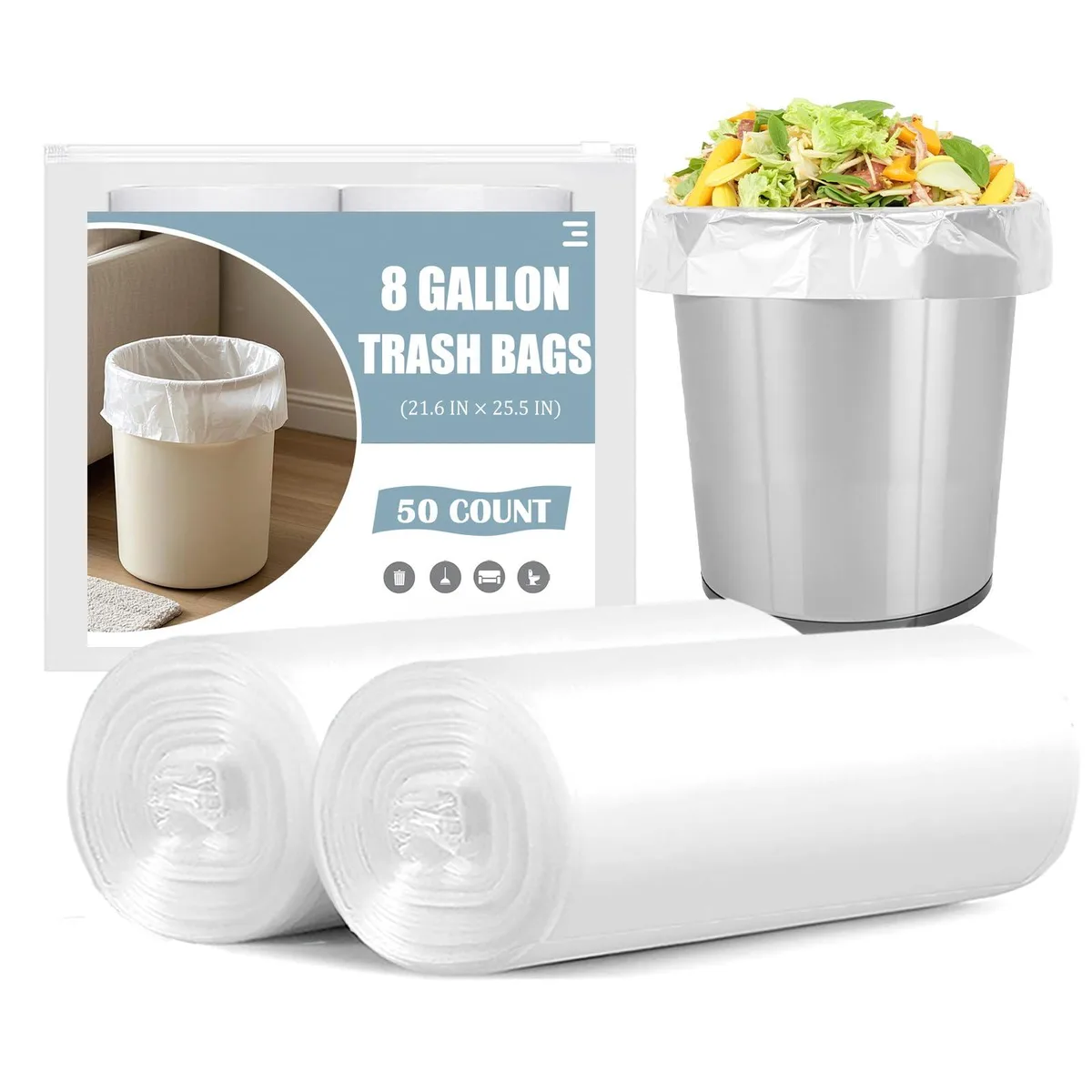 White translucent 8-gallon trash bags on two perforated rolls, 50 count total