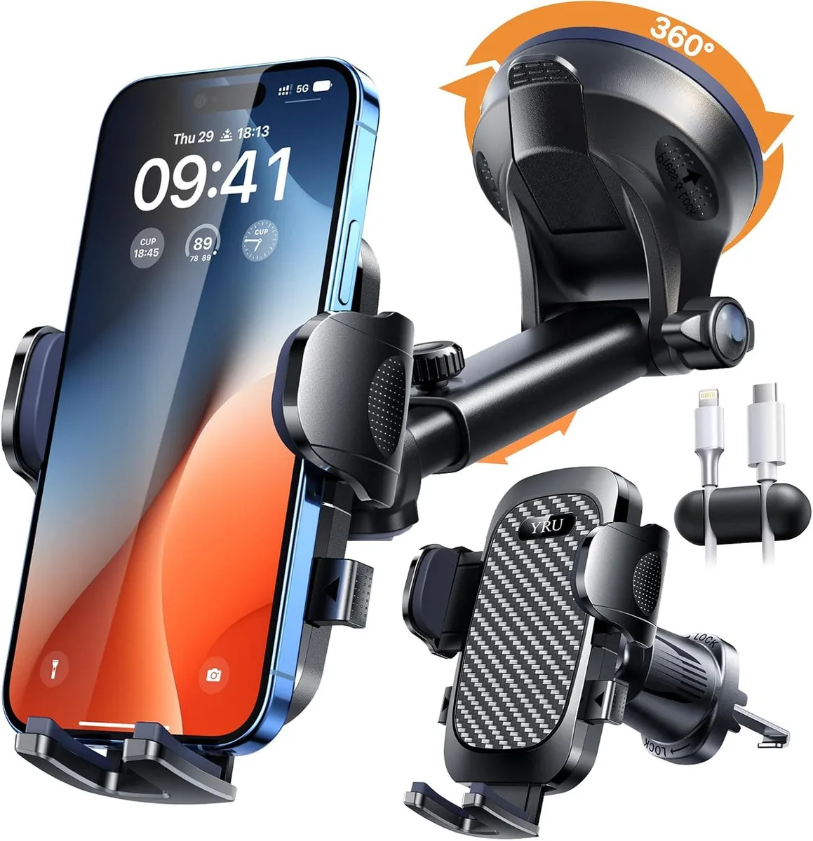 Gloss black car phone mount with suction cup and 360 degree rotation
