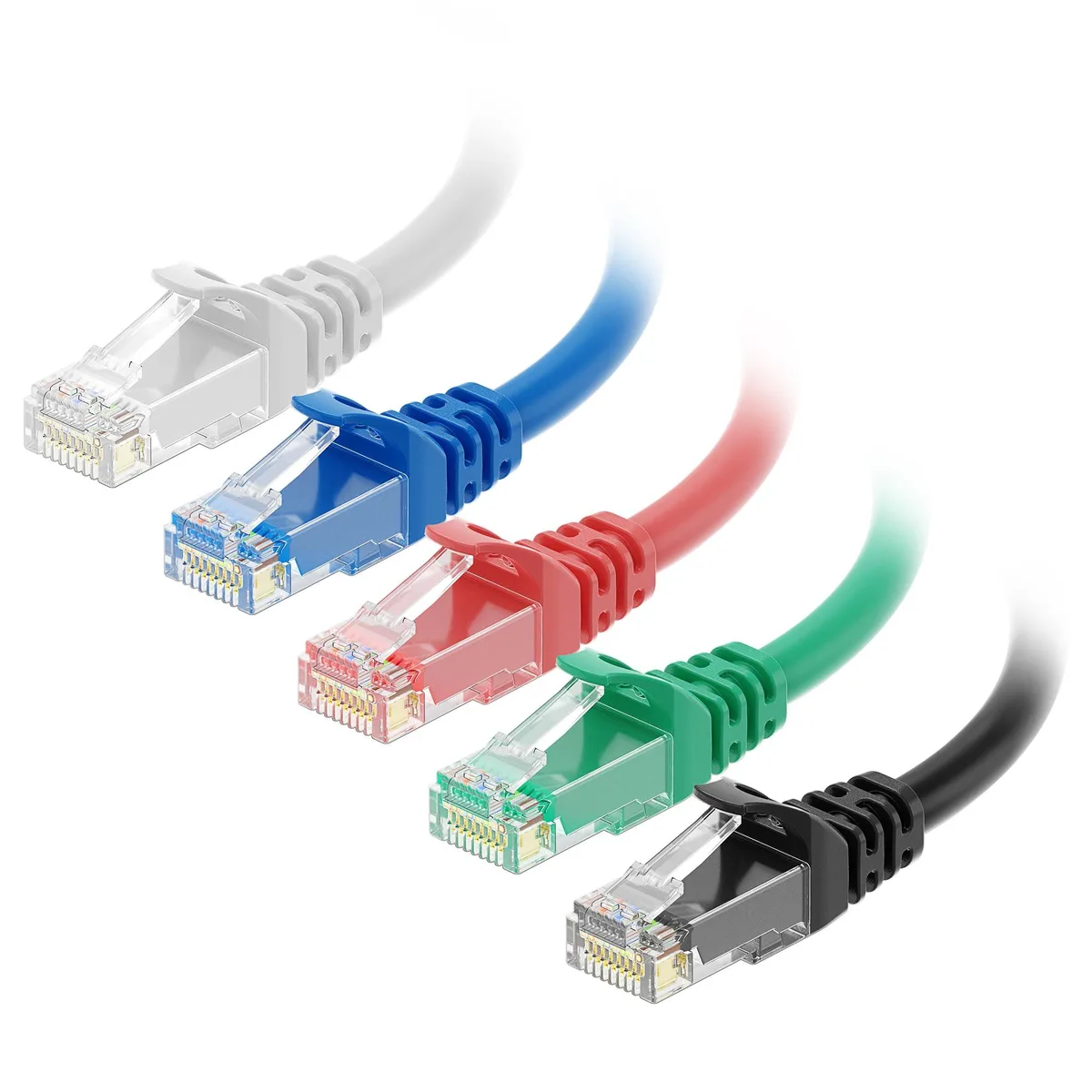Five coloured Cat6 patch cables with snagless RJ45 connectors