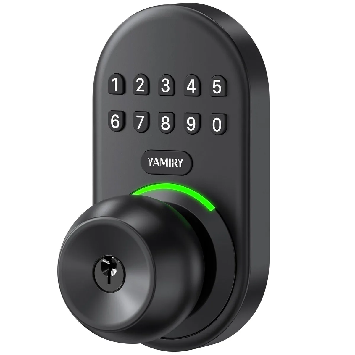 Black metal smart door knob with backlit keypad handle, 5.62 by 2.7 inches