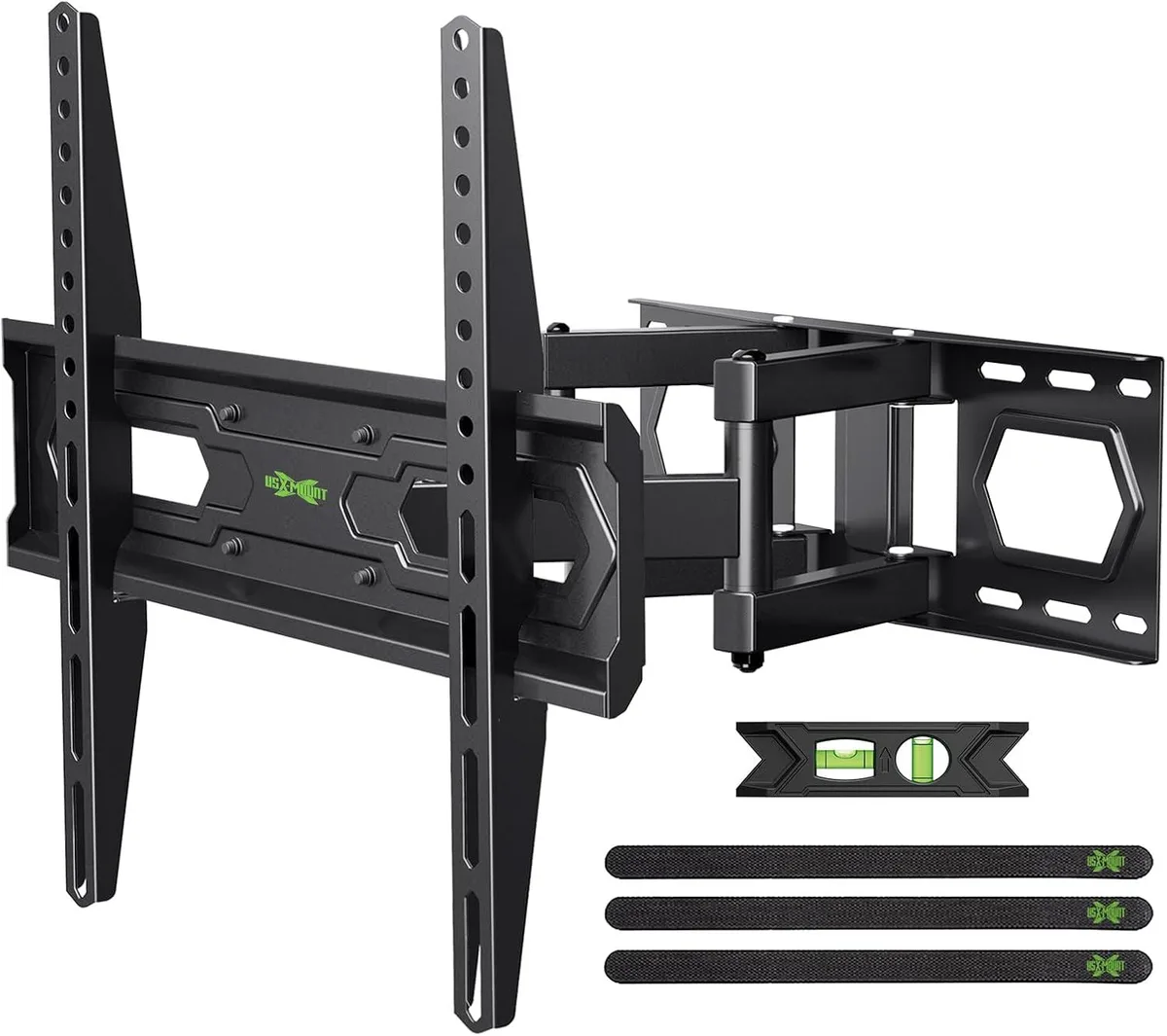 Black steel full-motion TV wall bracket with dual articulated arms, wall plate, and mounting hardware