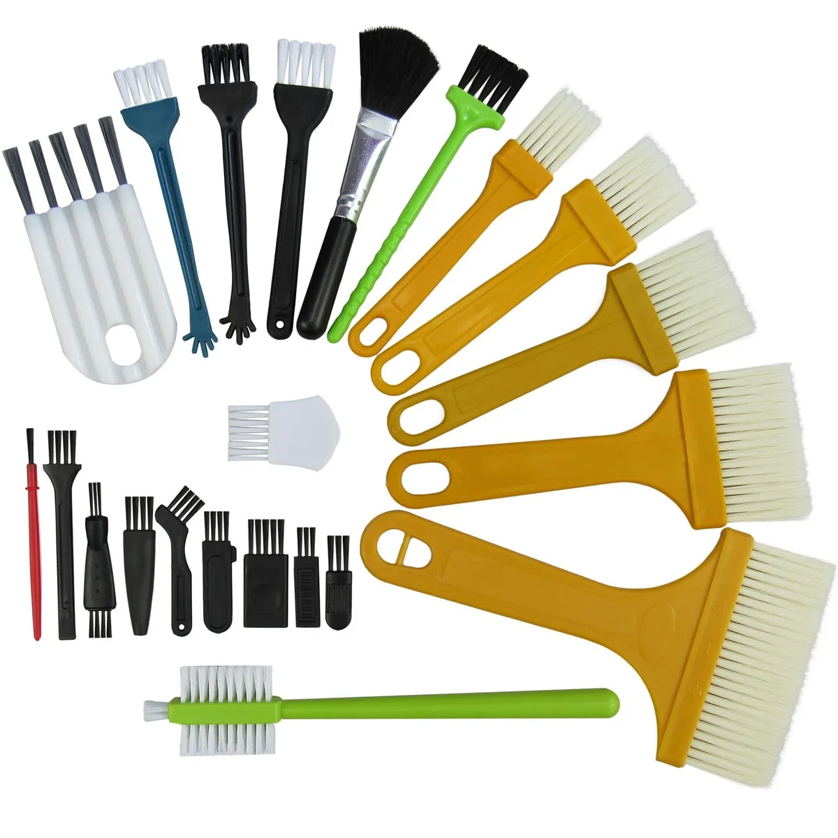 Twenty-two small brushes with plastic handles and assorted bristles in a compact set