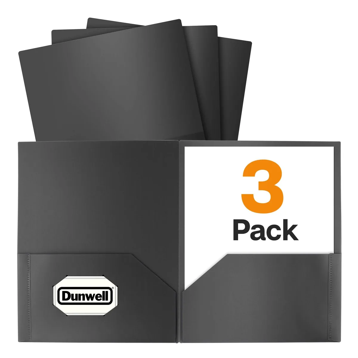 Three black plastic two-pocket folders with adhesive labels