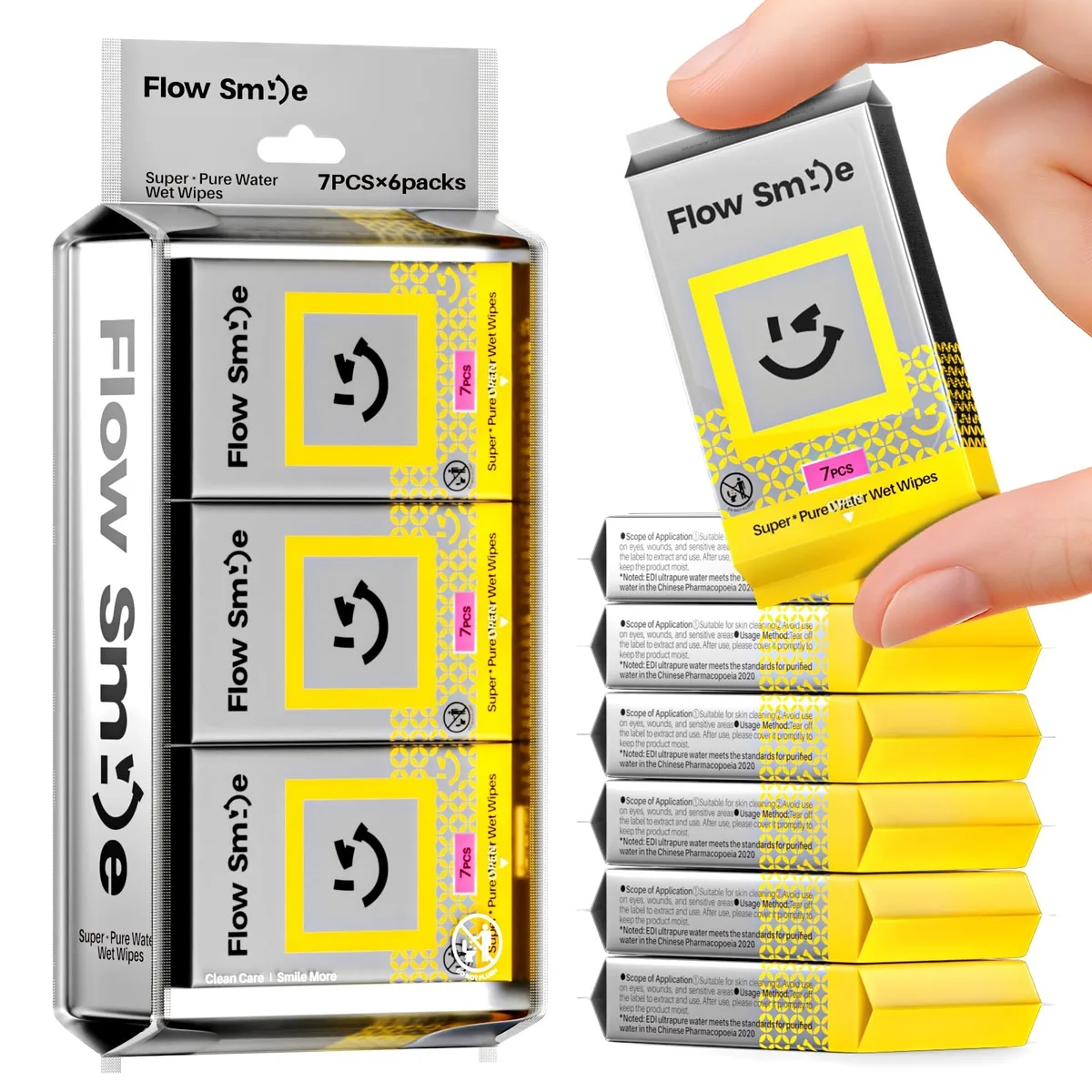 Rectangular travel pack of 42 unscented wipes with smiley design, 99.5% water