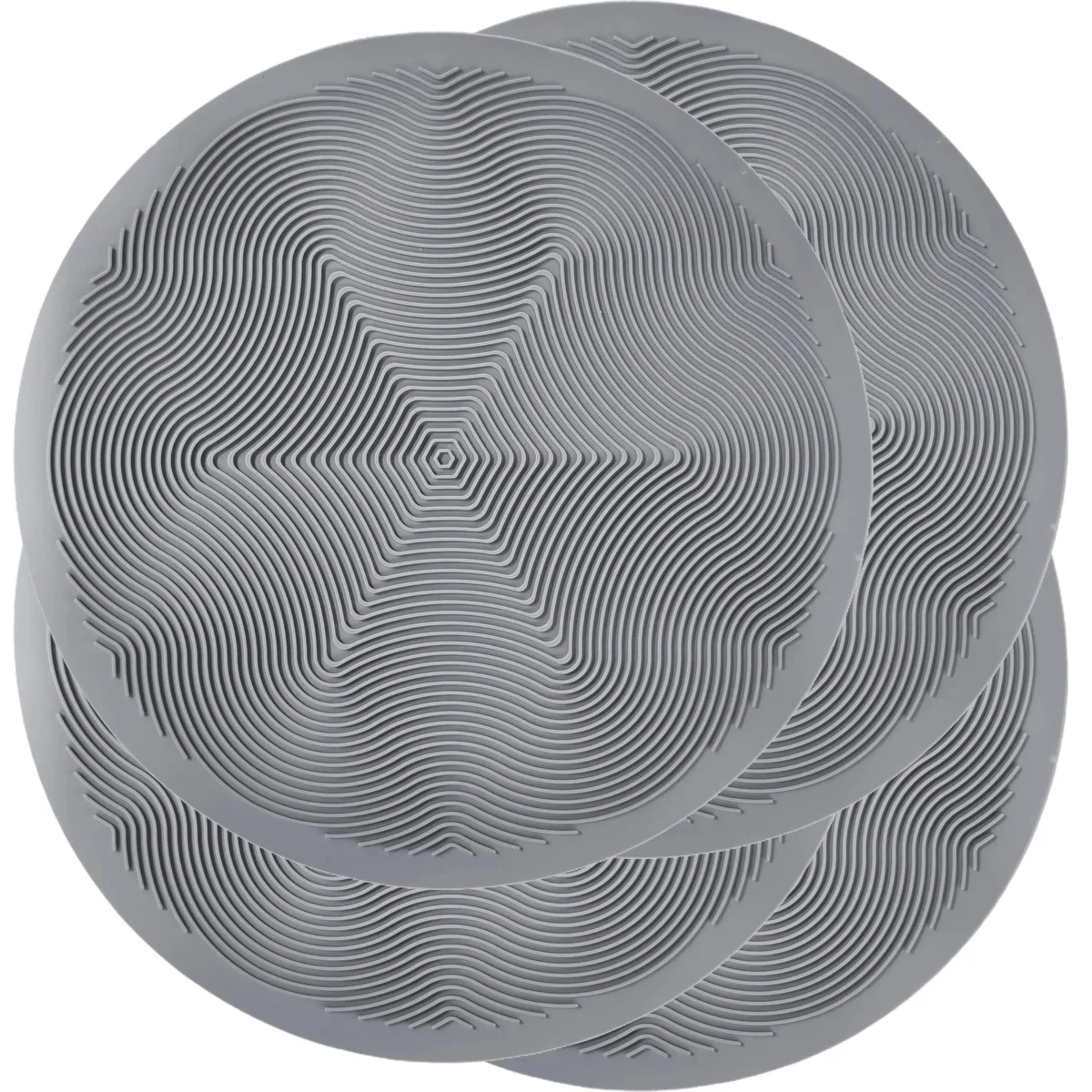 Four grey silicone mats with raised geometric pattern, eight inches across