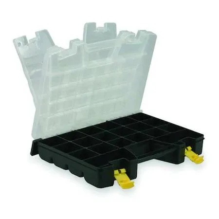 Black rectangular plastic compartment box with handle and double latch, 10 adjustable dividers create 11 to 46 compartments
