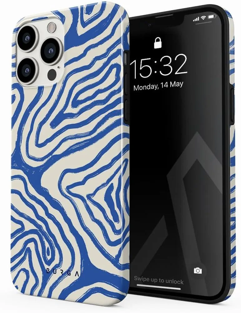 Blue wavy-line design on a glossy dual-layer iPhone 14 Pro case