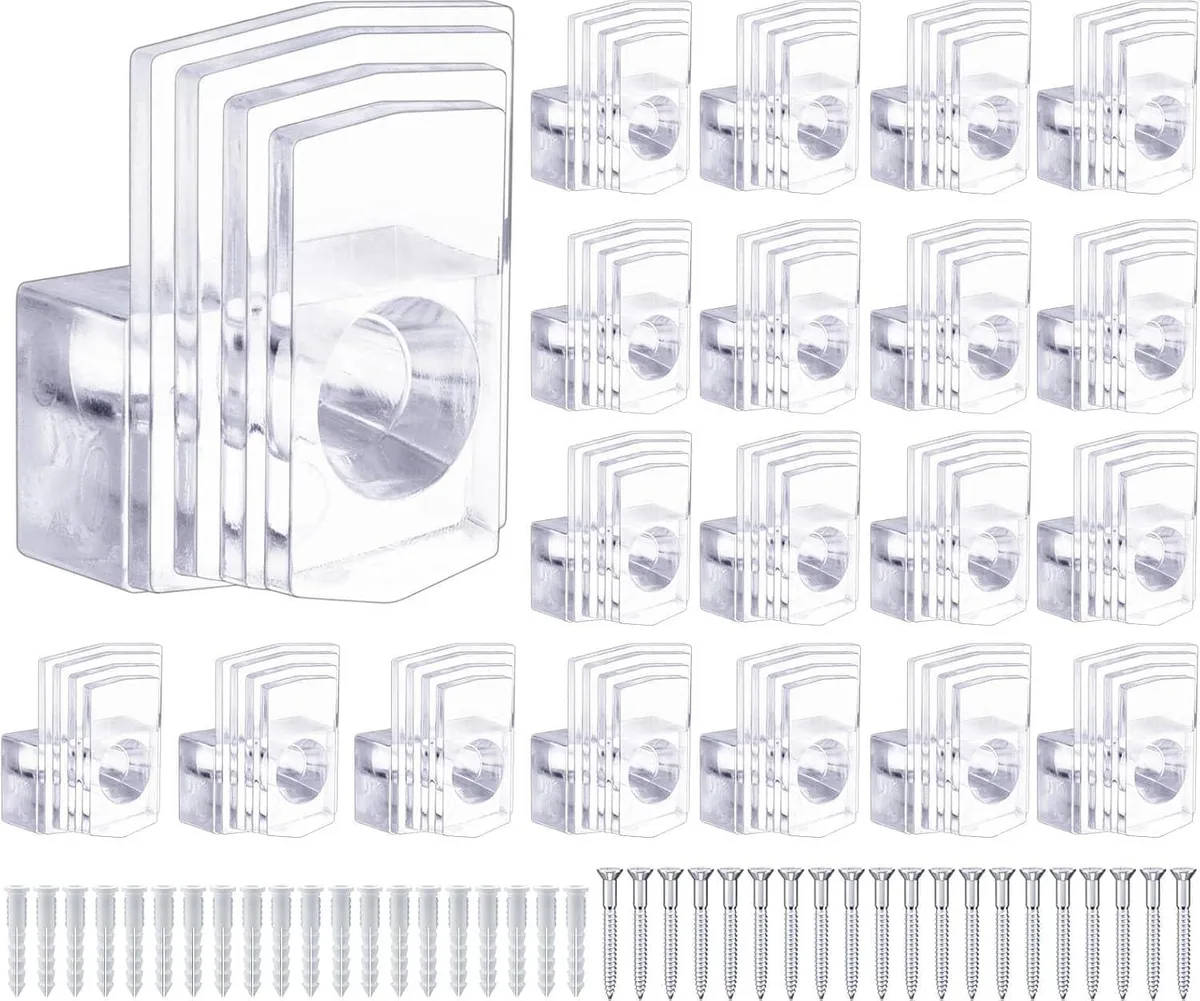 Clear plastic mirror clips, 20 pieces with screws and anchors