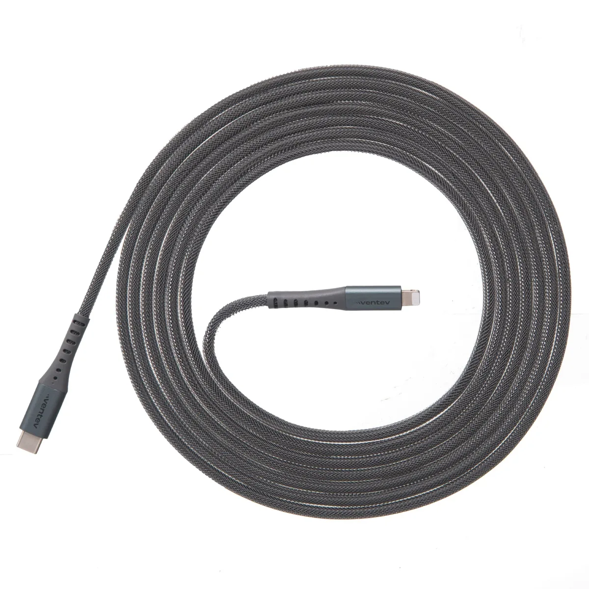 Gray USB-C to Lightning cable, 10-foot flat alloy design with brushed metal ends
