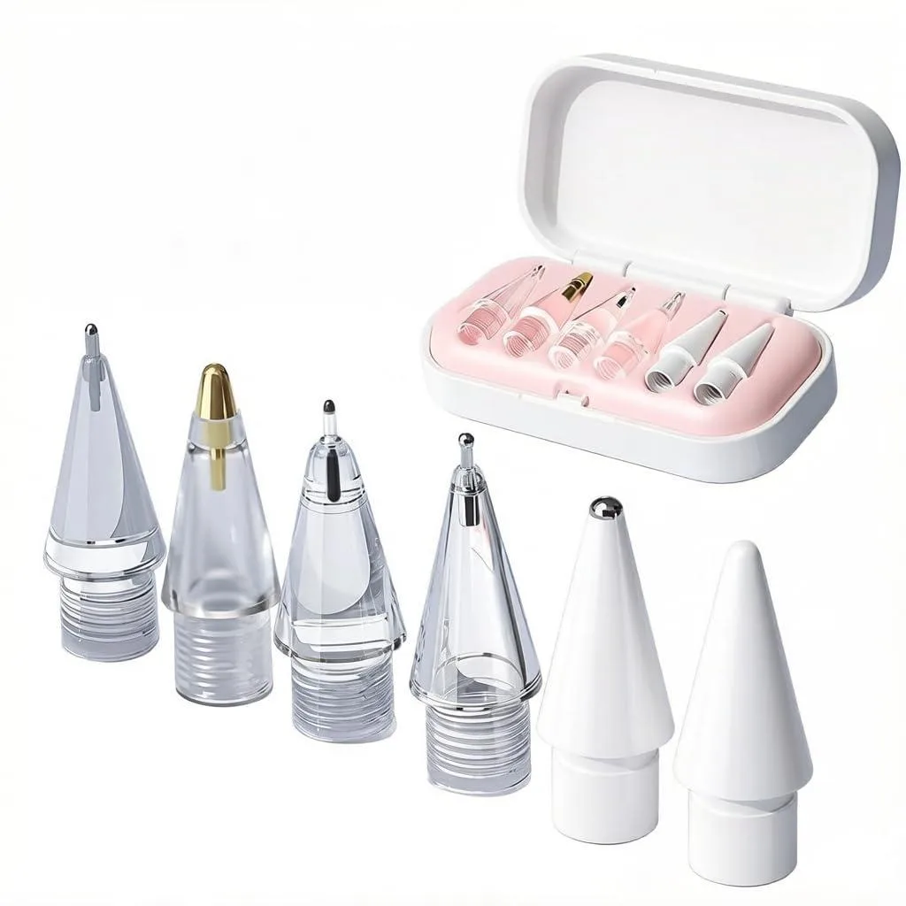 Six metallic stylus tips in gold, silver and white with a storage case