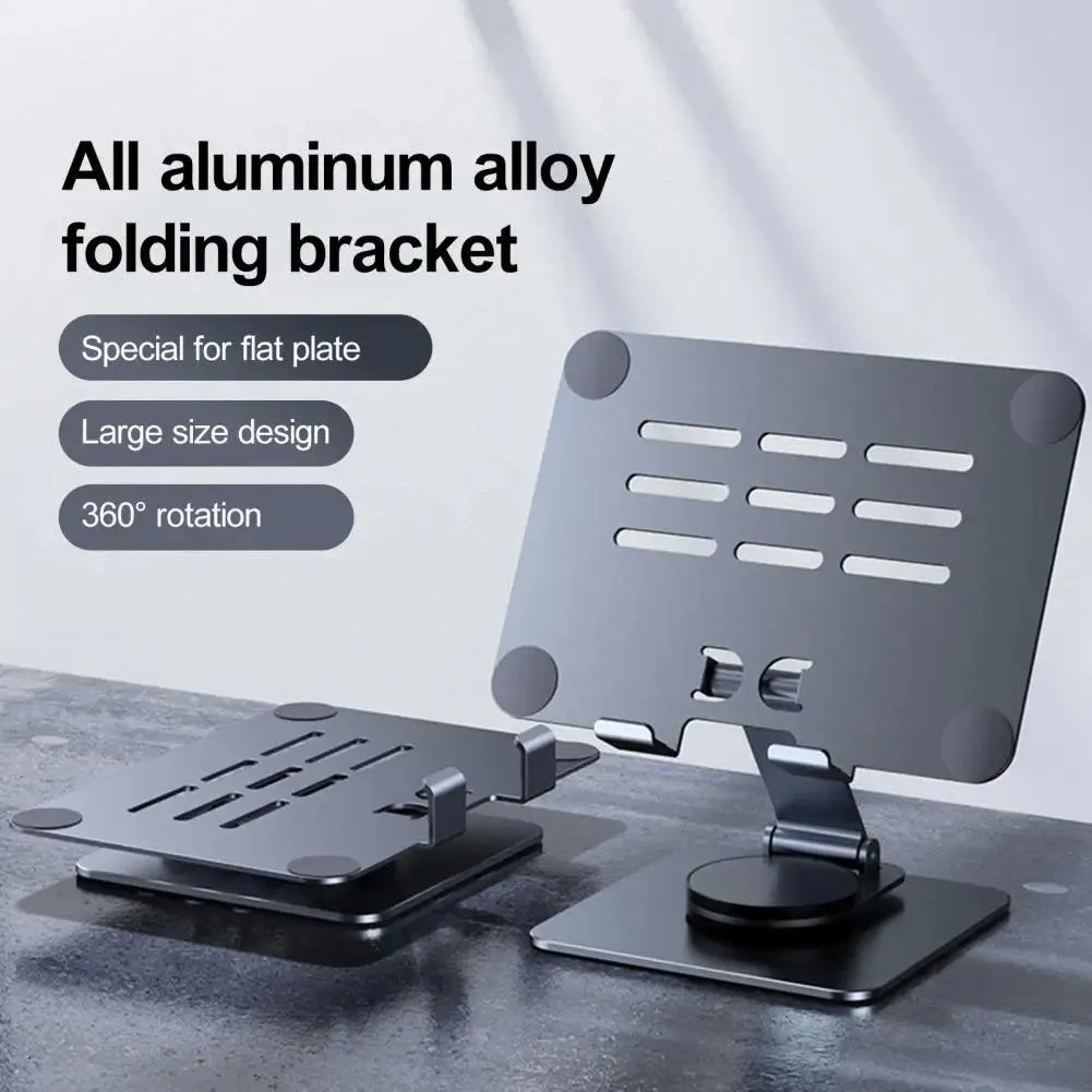 Grey aluminium tablet stand with 360 rotating base, foldable arms, ventilation slots, holds devices up to 12.9 inch