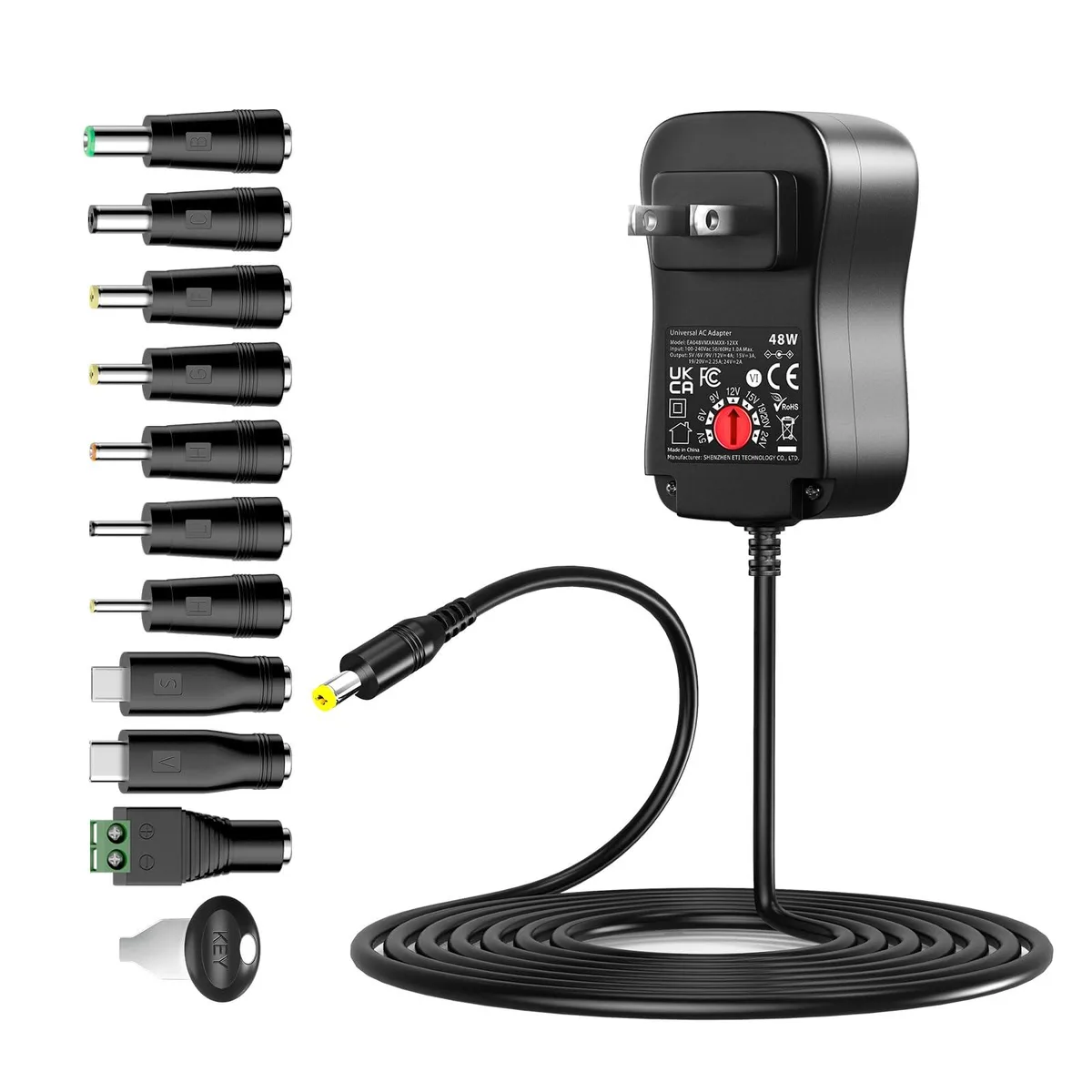 Black adjustable power adapter with 4.9 foot cable and 10 interchangeable barrel USB tips