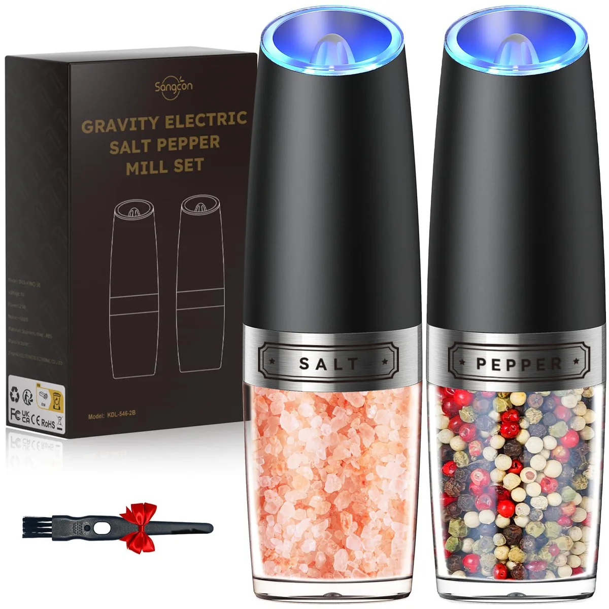 Two black gravity electric grinders with clear acrylic bodies and blue LED lights