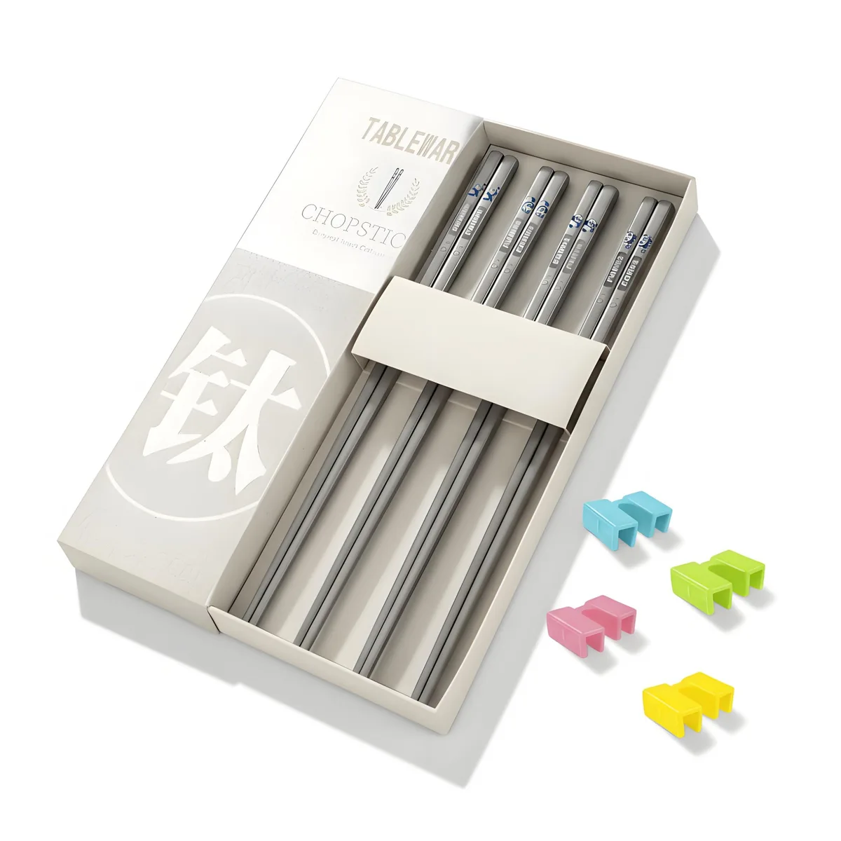 Fourteen silver titanium chopsticks with square profile and training clips