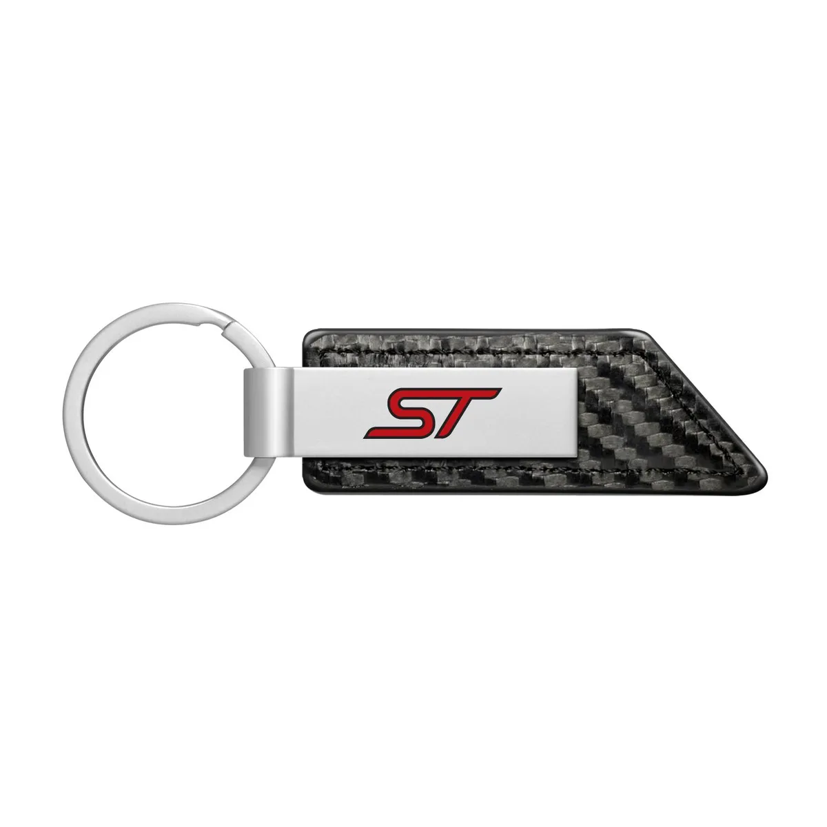Black PU leather key chain with carbon fibre texture, metal strip showing Ford Focus ST logo, flat split ring