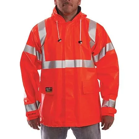 Orange arc flash rain jacket with reflective tape and zipper closure