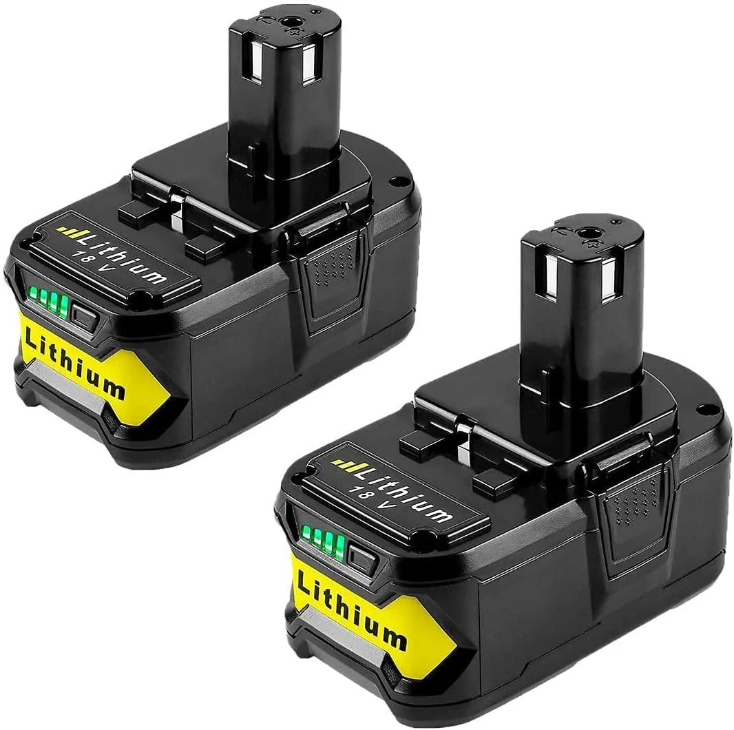 Two green and black 18V lithium-ion batteries with Ryobi ONE+ branding