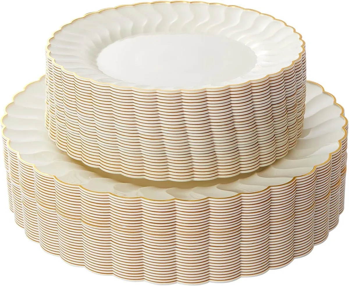 Stack of ivory rectangular plastic plates with gold rim, 60 pieces
