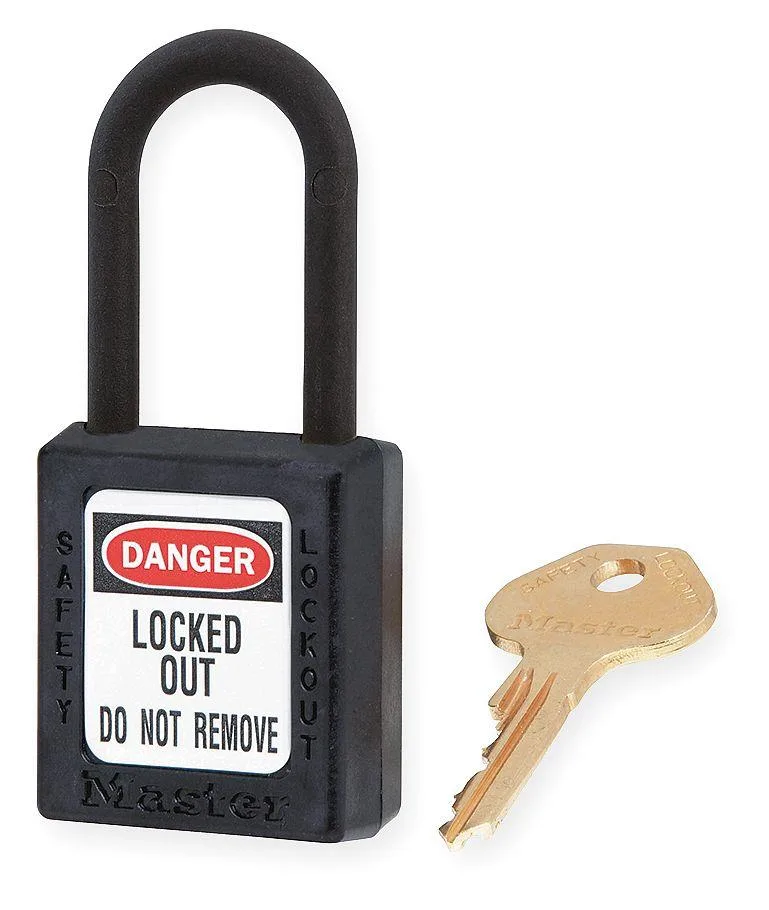 Black plastic padlock with plastic shackle and keyhole