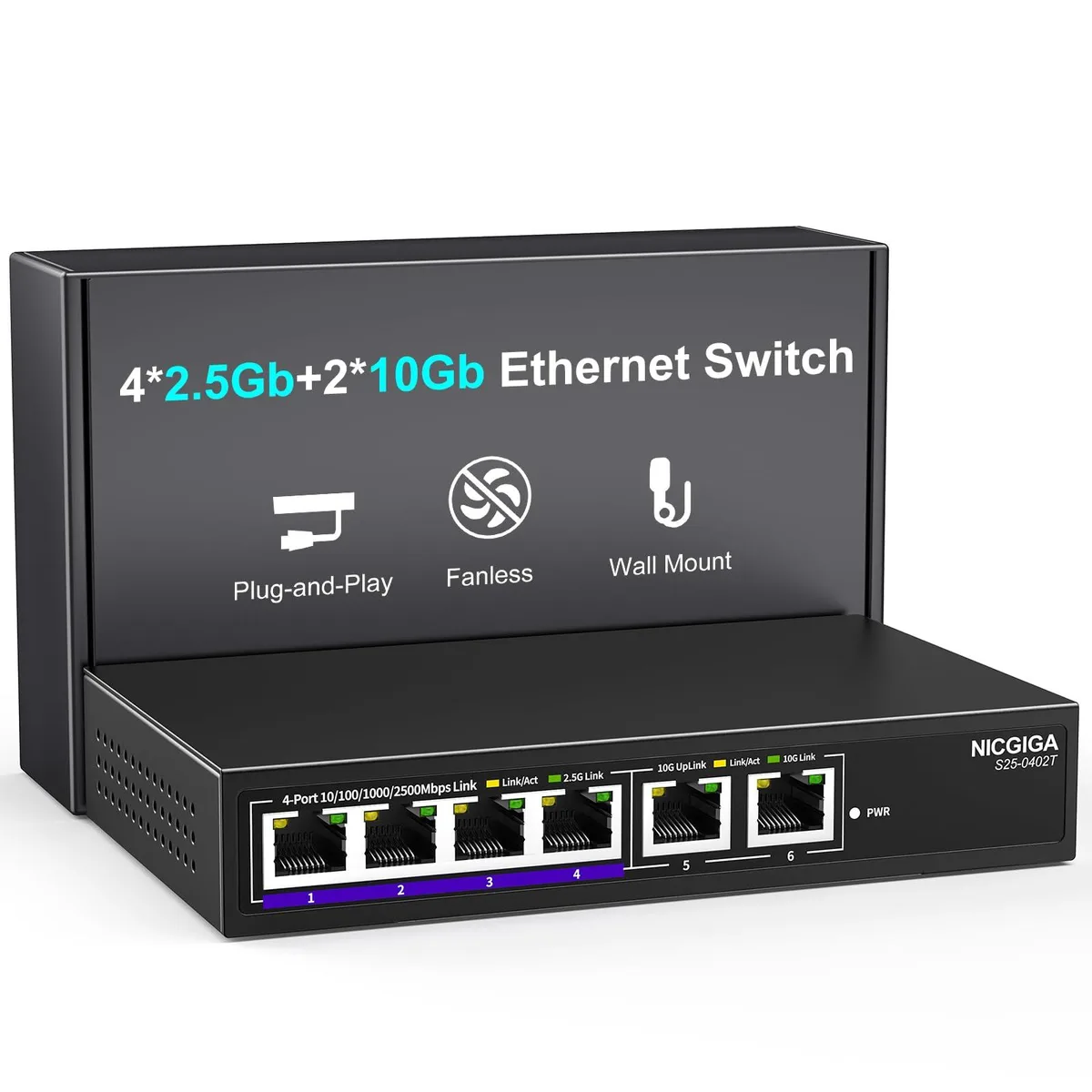 NICGIGA 6-port 10G network switch 4×2.5G 2×10G RJ45 — product photo