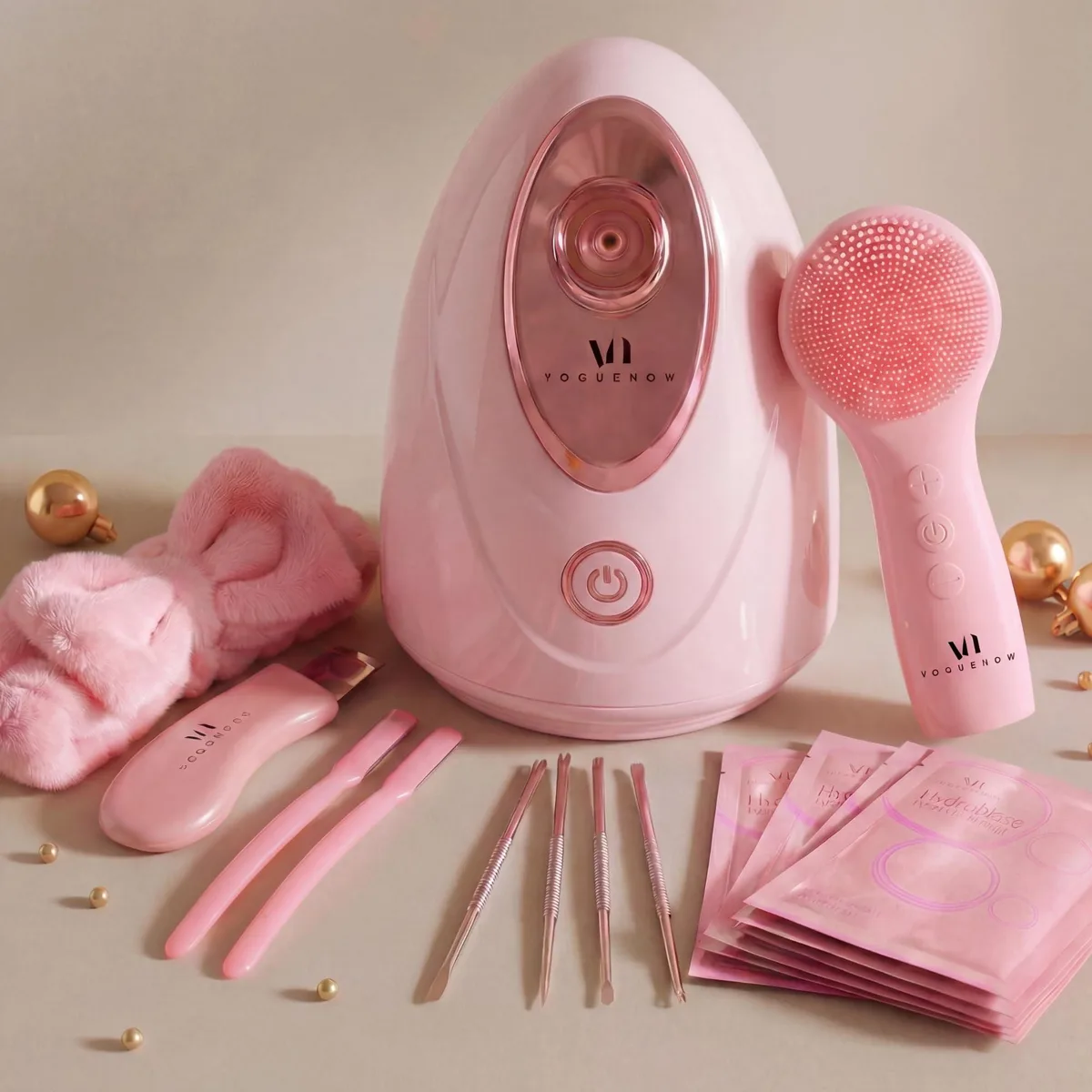  VogueNow Noa Facial Steamer Spa Kit Soft Pink 100ml 430W 15 Tools — product photo