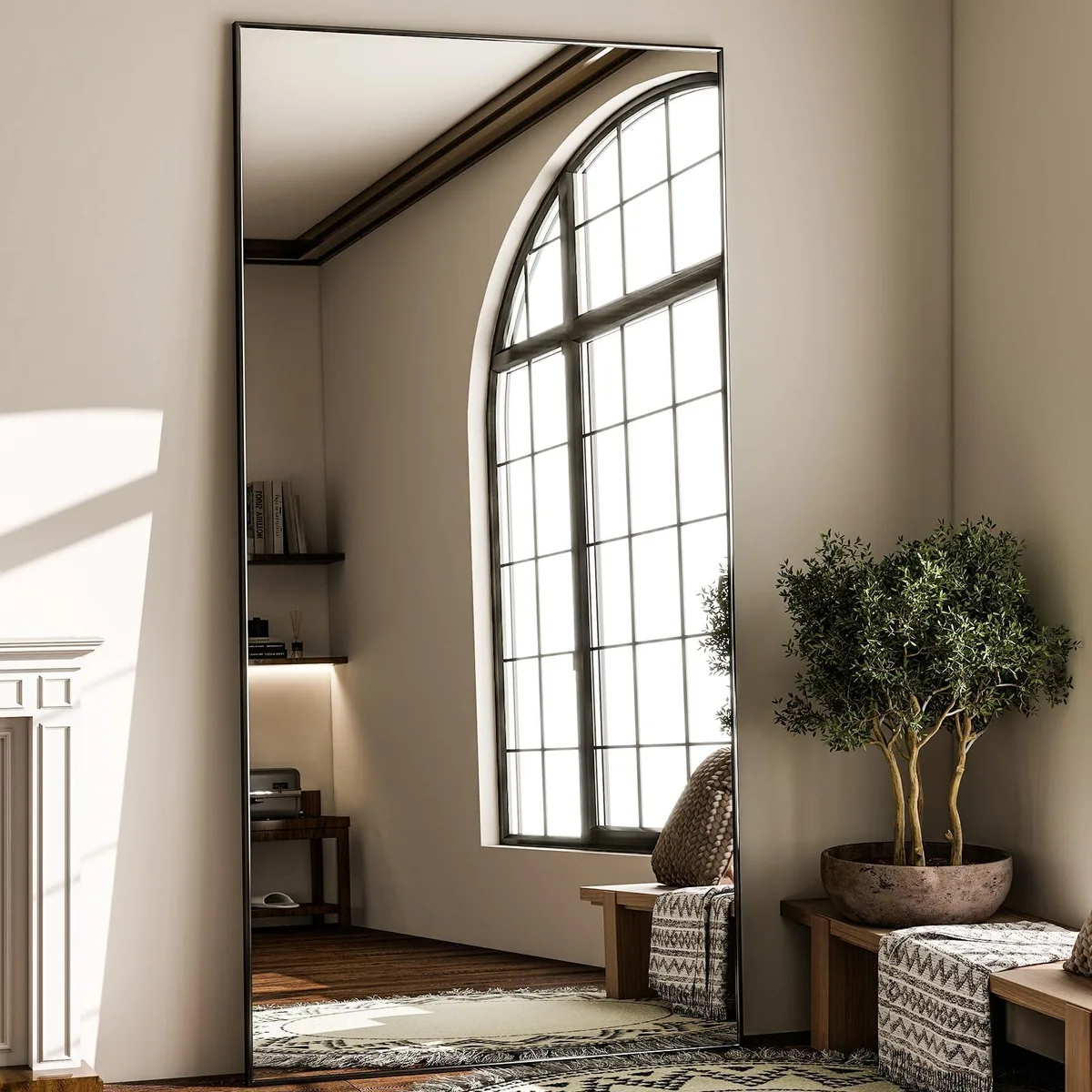 Rectangular full-length mirror, black polished aluminum frame, 71 by 31 inches