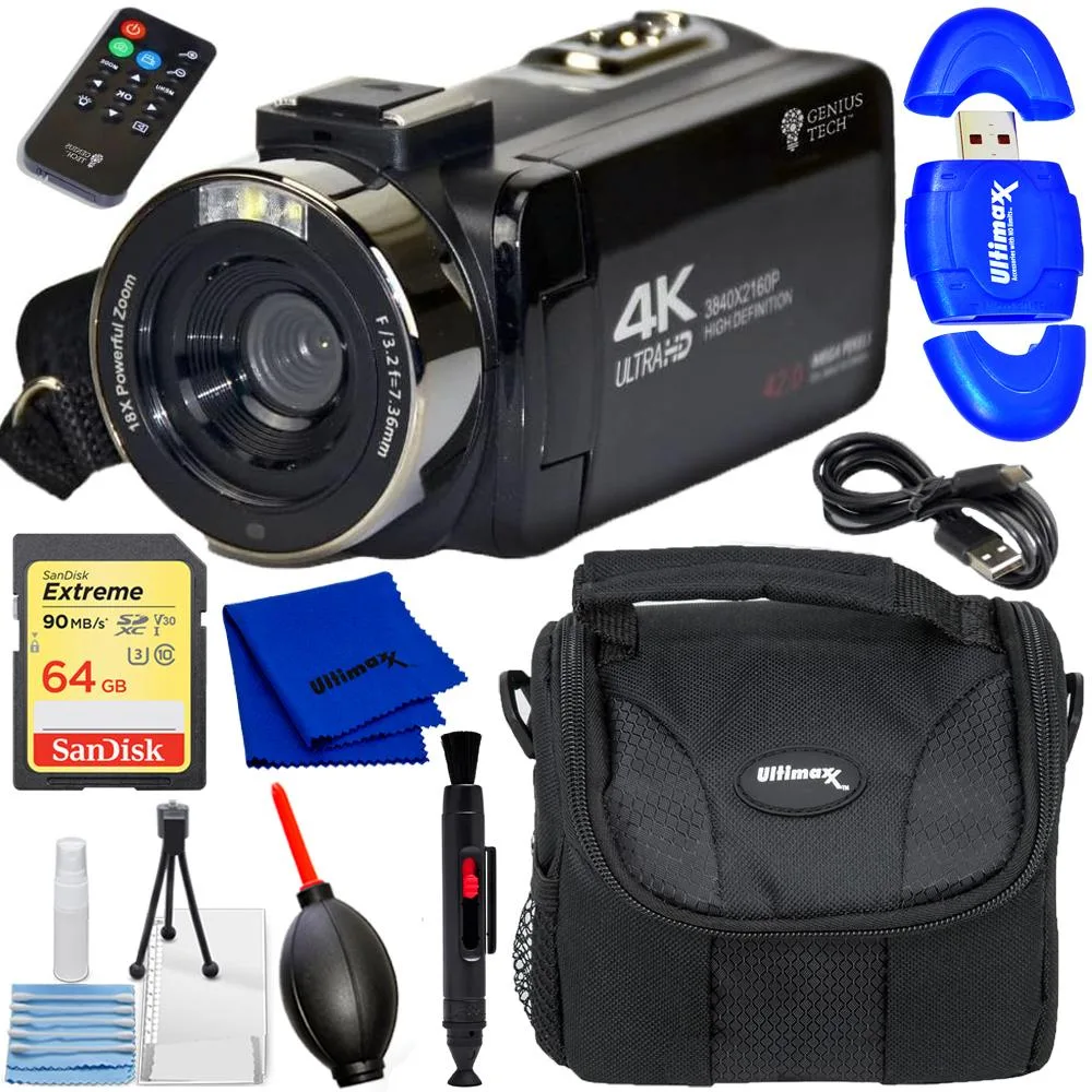 Genius camcorder kit with remote, case, 64GB card, reader and cleaning accessories