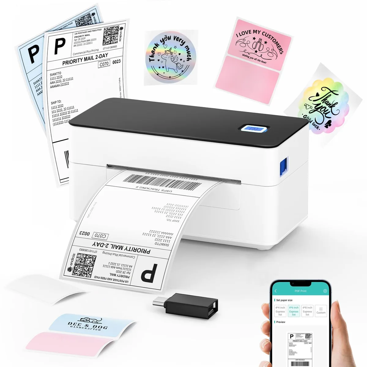 Compact white thermal label printer with Bluetooth and USB connectivity