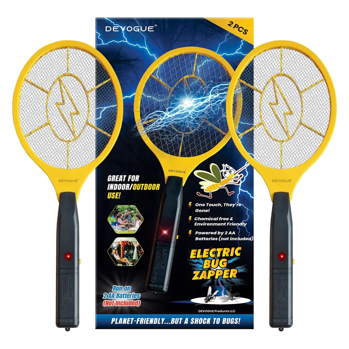 Two electric fly swatter rackets with three-layer mesh grids and ergonomic handles