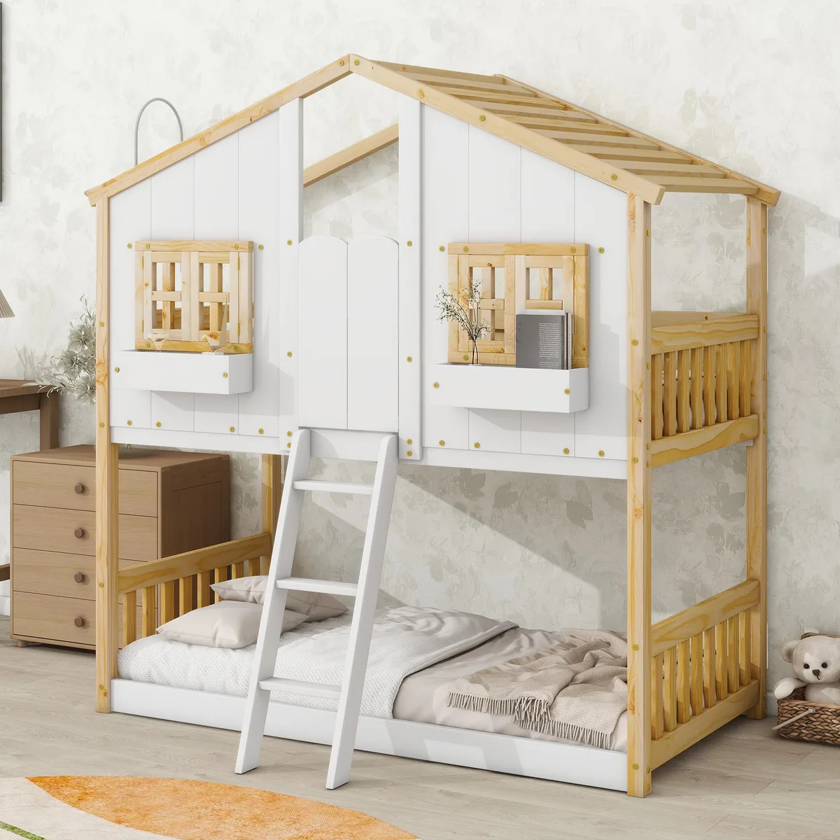 Twin-over-twin house bunk bed in natural pine and white with roof, window, door and ladder
