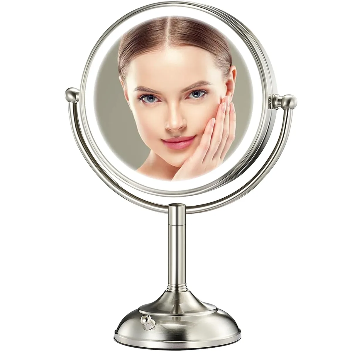 Round 8.5 inch Pearl Nickel lighted makeup mirror with 90 LEDs and 360 degree swivel mount