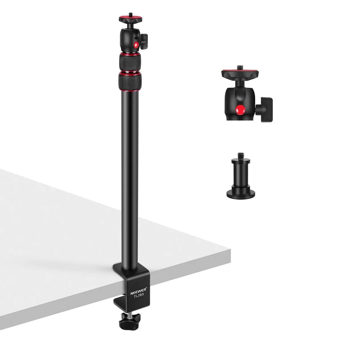 Red telescopic desk mount with C-clamp and ball head, extends 17 to 40 inches