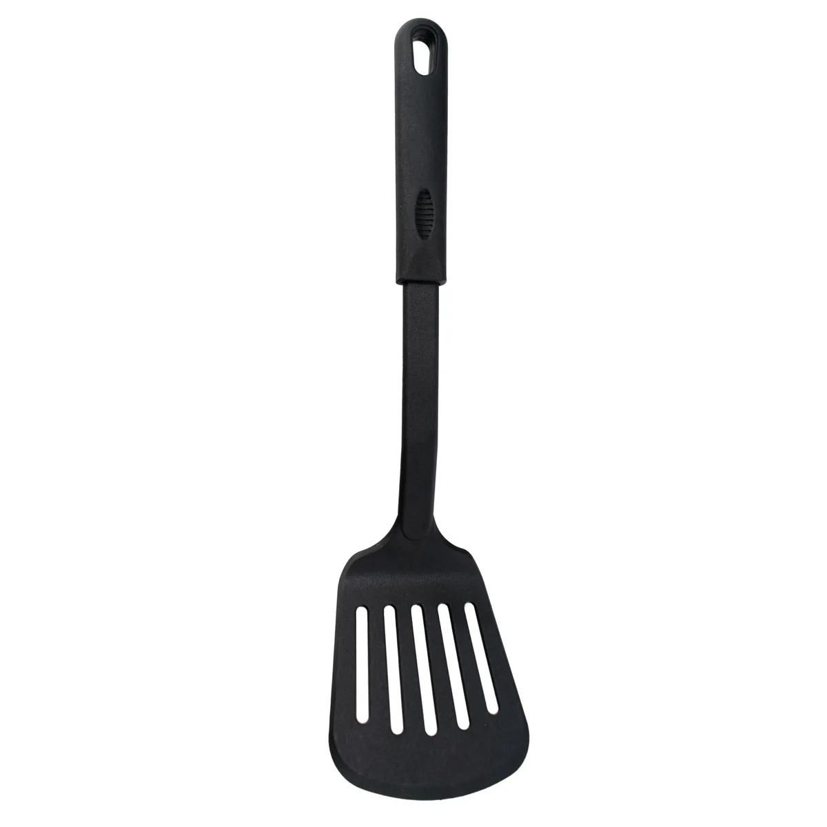 Black nylon slotted turner with non-slip handle, 13 inches long