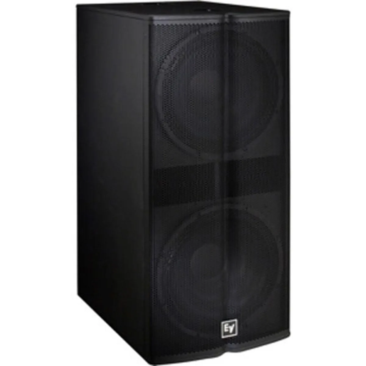 Large black rectangular subwoofer enclosure with dual 18-inch drivers and protective grille