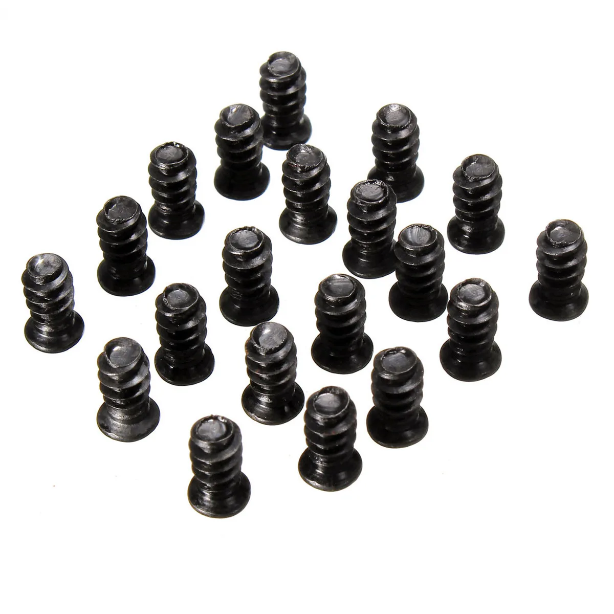 Twenty black carbon-steel fan mounting screws on a small card
