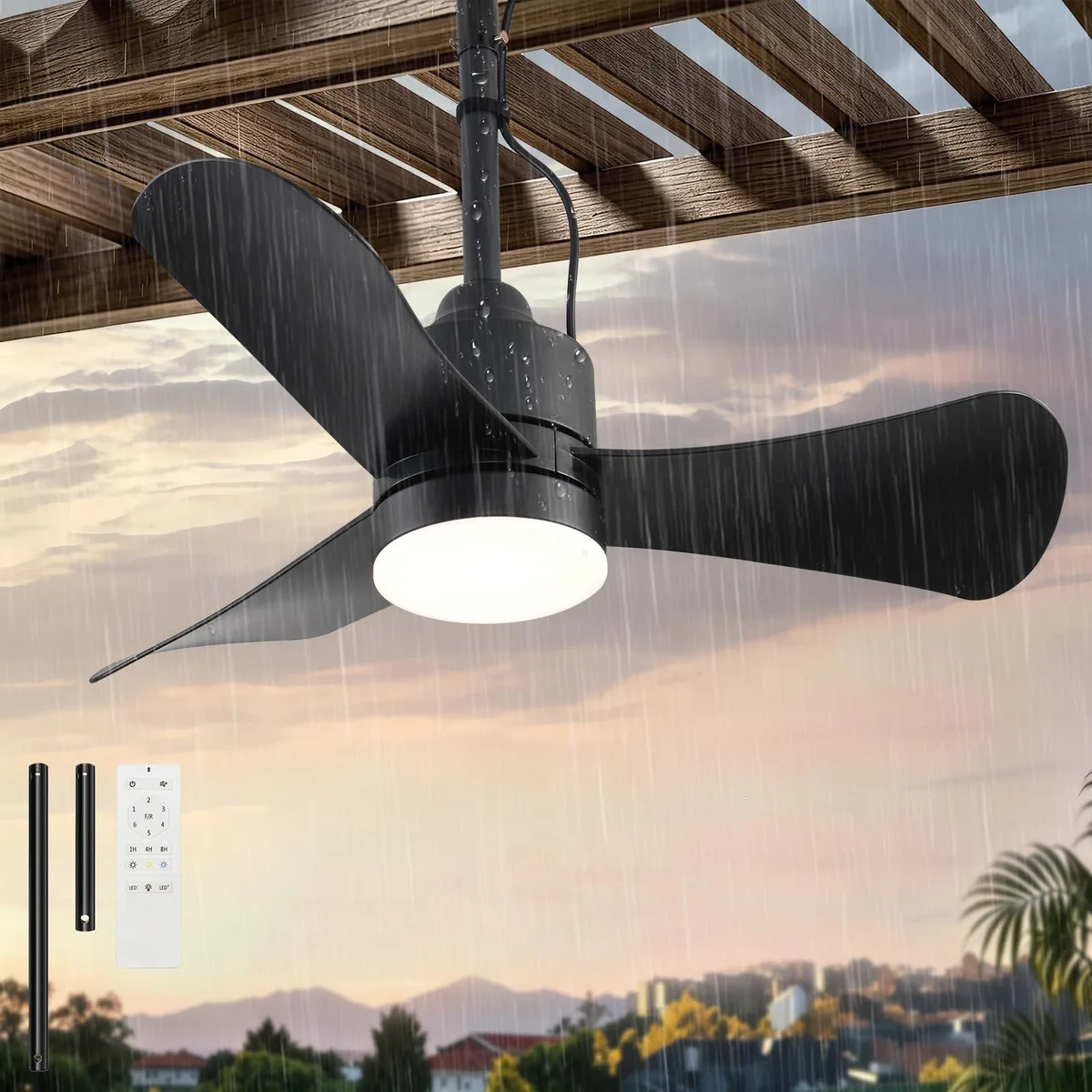 Black 32-inch plug-in outdoor ceiling fan with five silver blades and integrated LED light ring, shown hanging from a cord