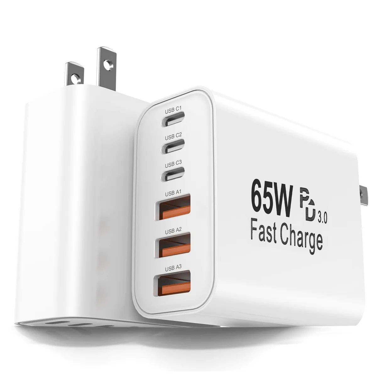 Two compact white wall chargers each with three USB-C and three USB-A ports