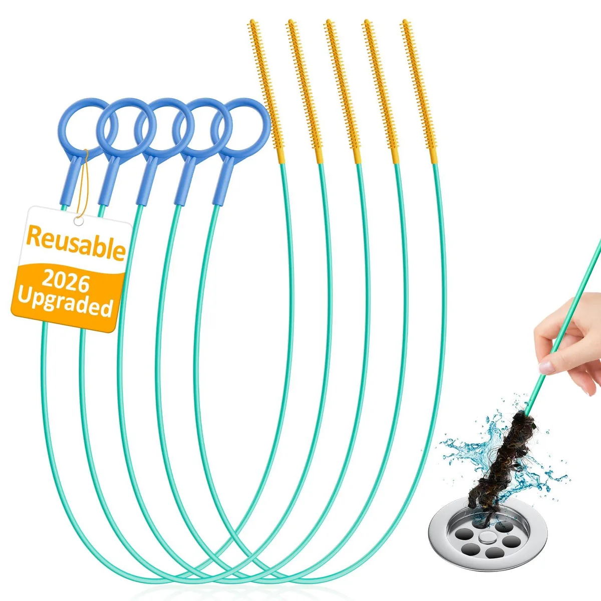 Five 30 inch flexible drain snakes with nylon hook tips and steel cores