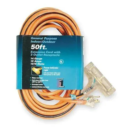 Orange SJTW extension cord 50 ft with three outlets