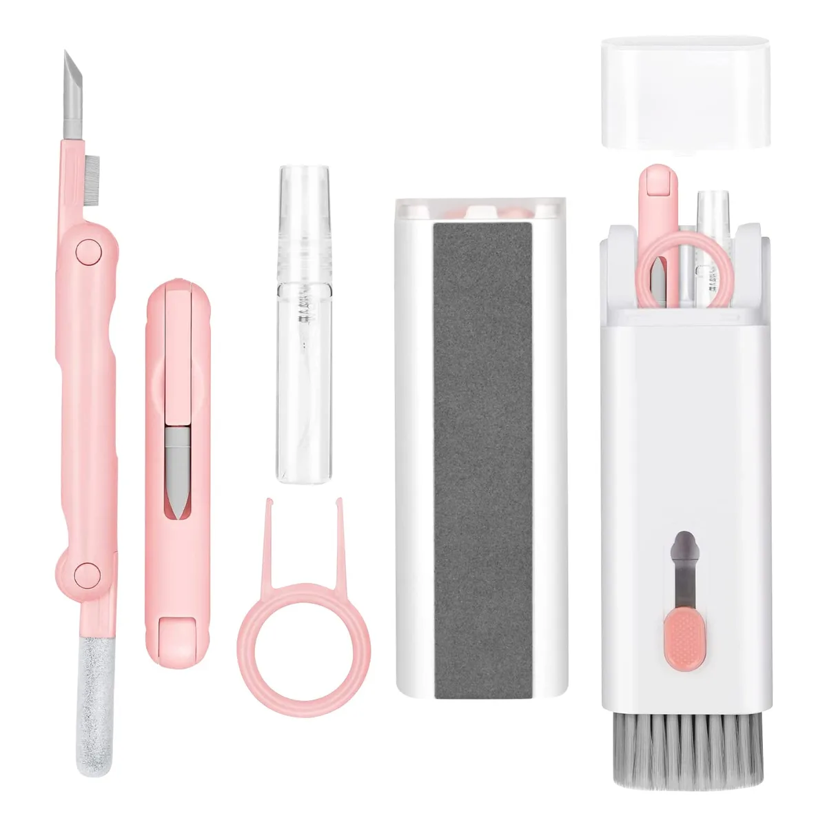Pink 7-in-1 electronic cleaning kit with brushes, sponge, cloth and spray in a cloth bag