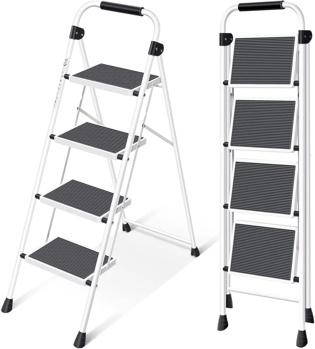 White four-step folding ladder with handrails, steel frame, anti-slip steps, rubber feet, folded flat